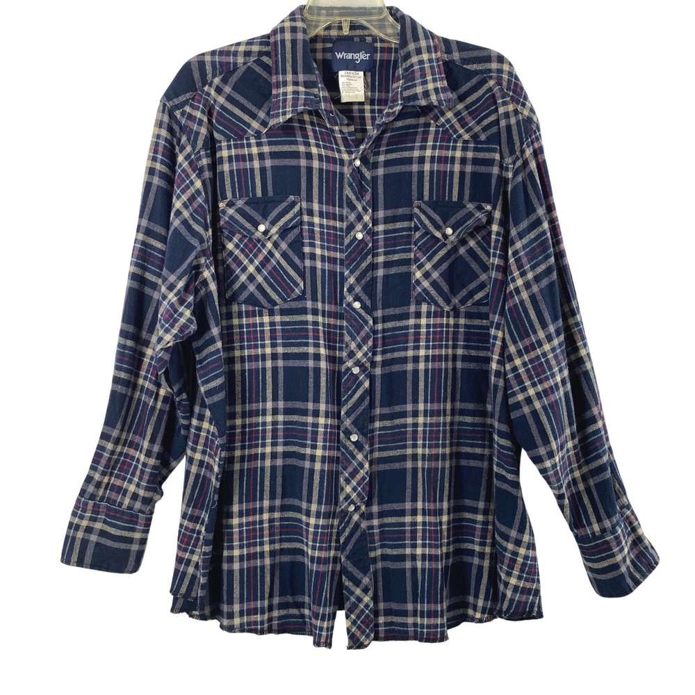 Wrangler Western Flannel Shirt Mens 2X Blue Tan Red Plaid Pearl Snap Long Sleeve